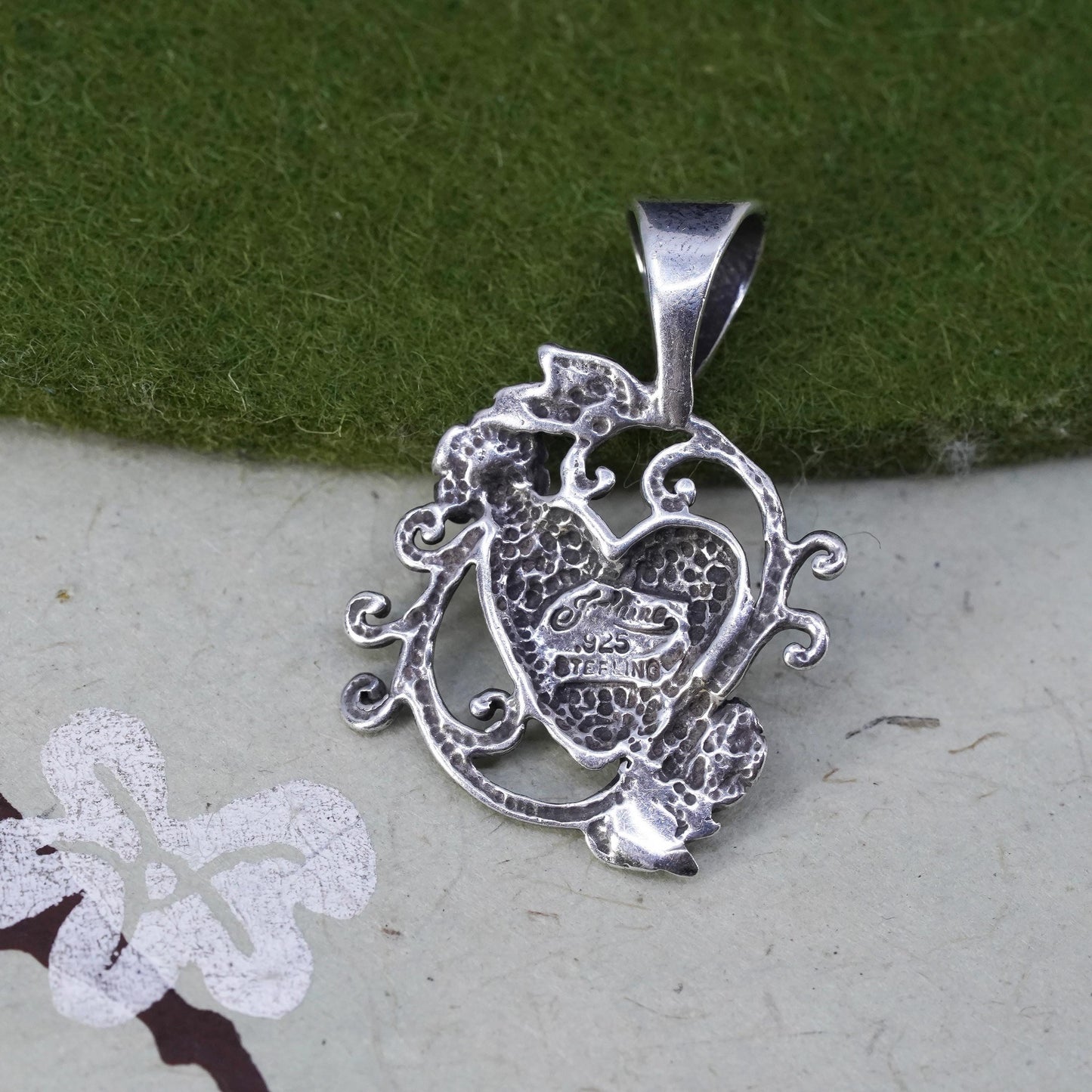 Vintage Jalaine Sterling silver handmade pendant, 925 flower with heart