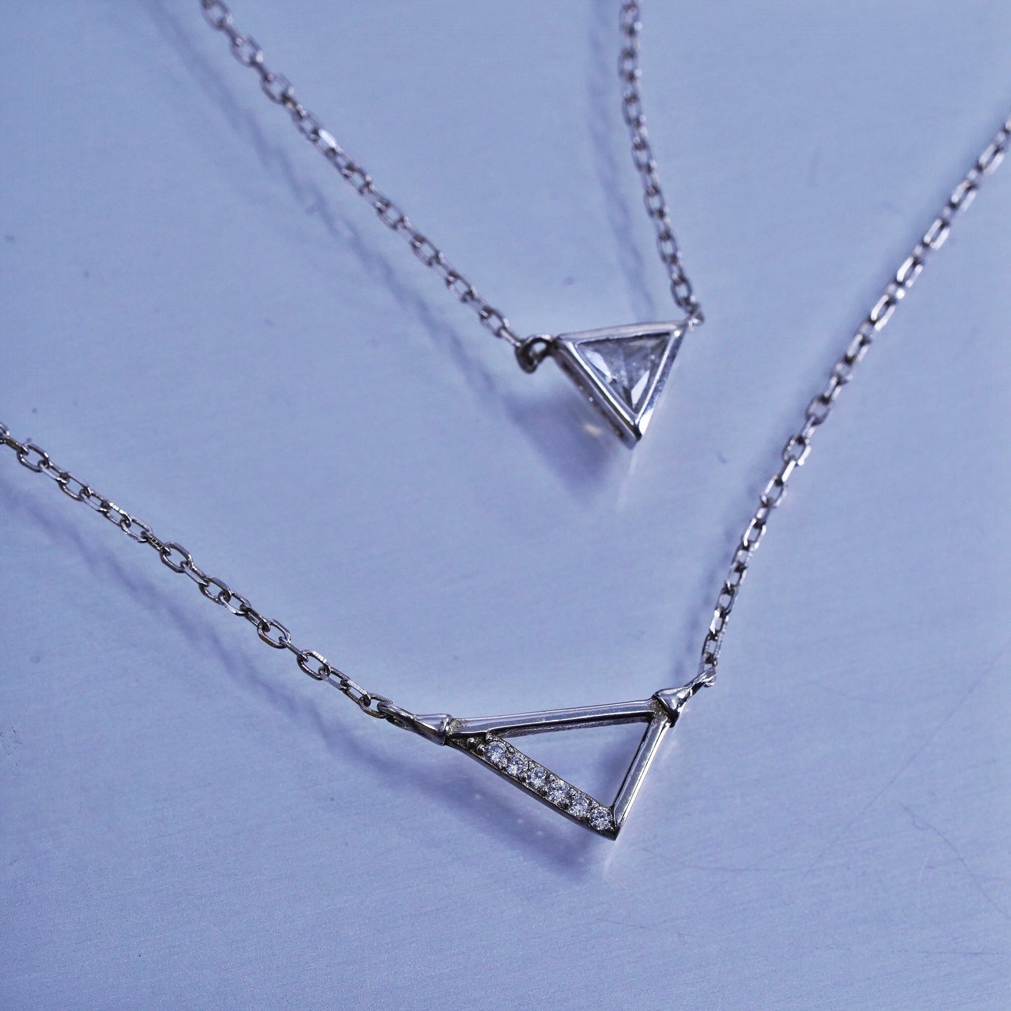 14+2”, Sterling 925 silver double strands necklace with triangular cz pendant