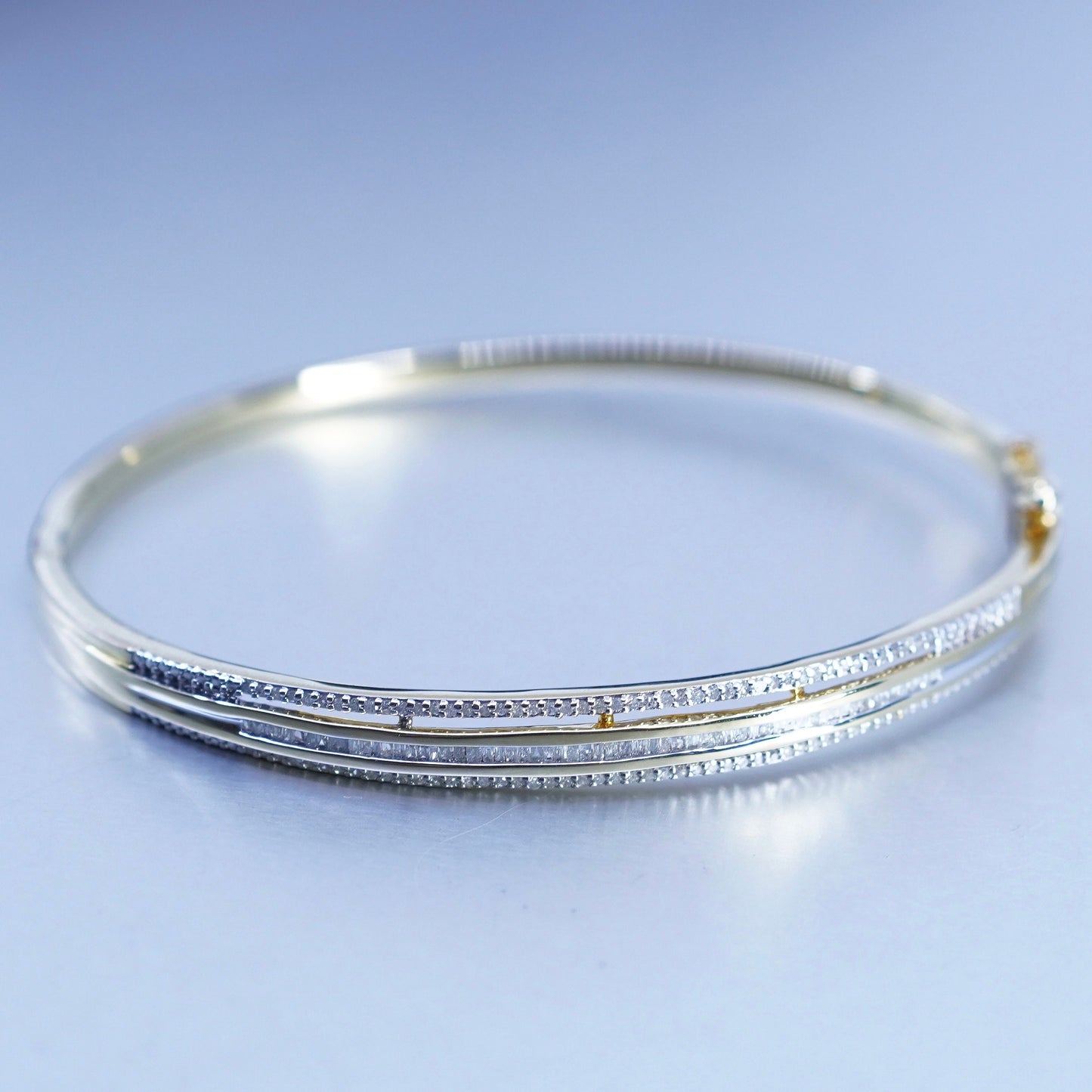 7”, vermeil yellow gold Sterling 925 silver bracelet, hinged bangle diamonds