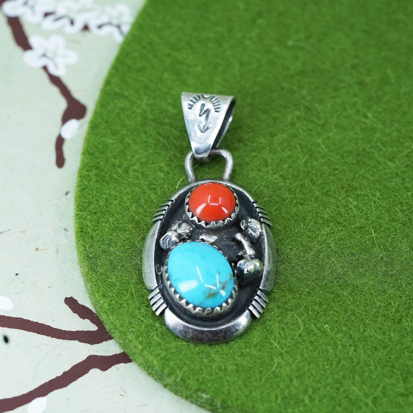 Native American Jack Adakai sterling 925 silver pendant with turquoise coral