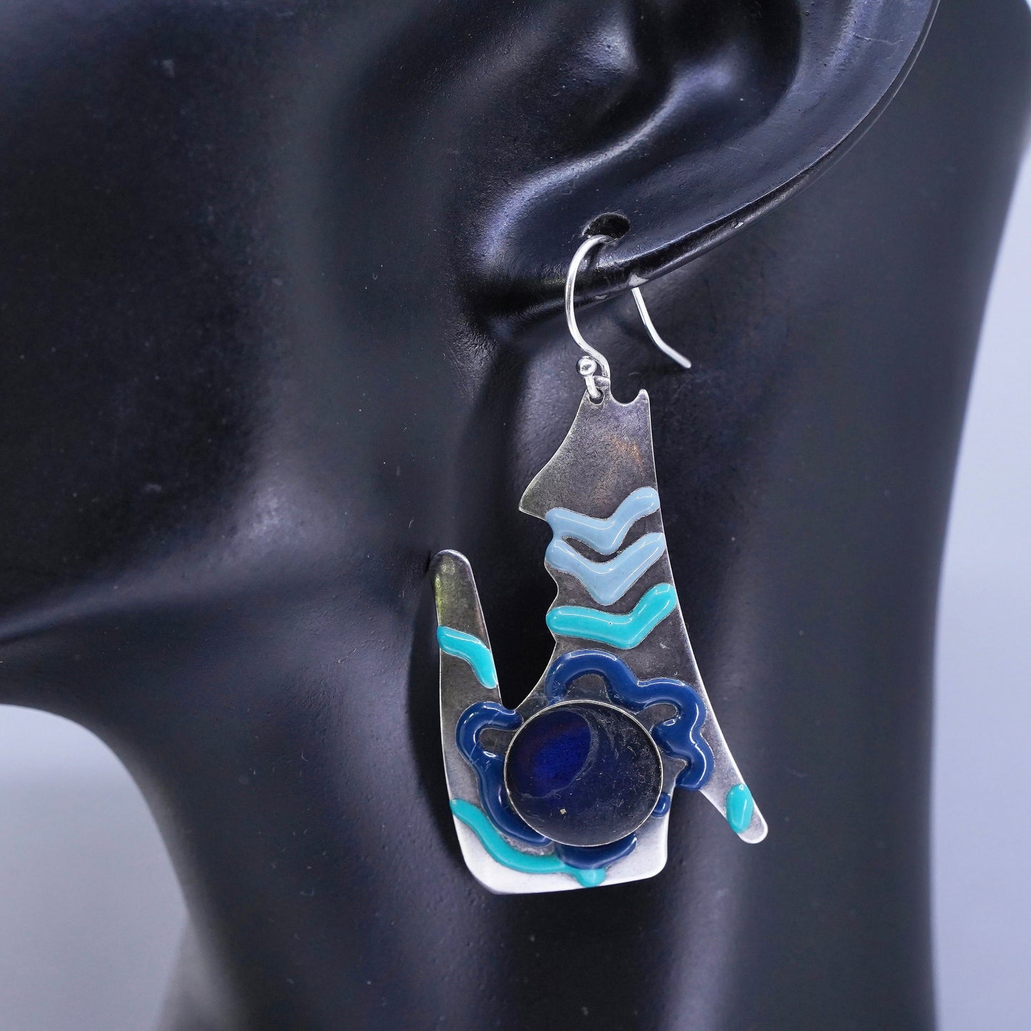 Vintage southwestern Sterling 925 silver wolf earrings with blue enamel inlay