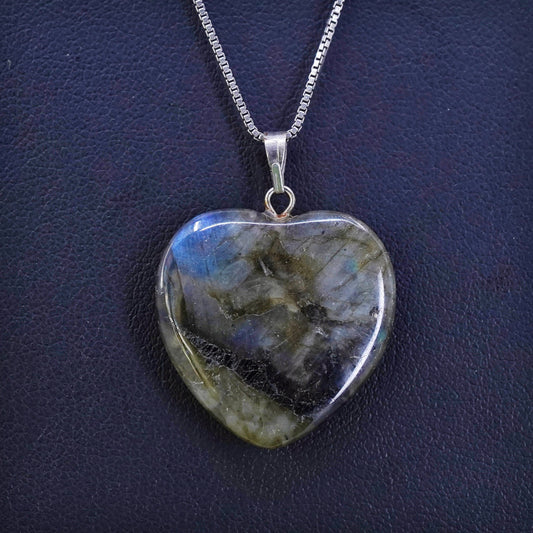 18", sterling silver handmade necklace, 925 box chain labradorite heart Pendant