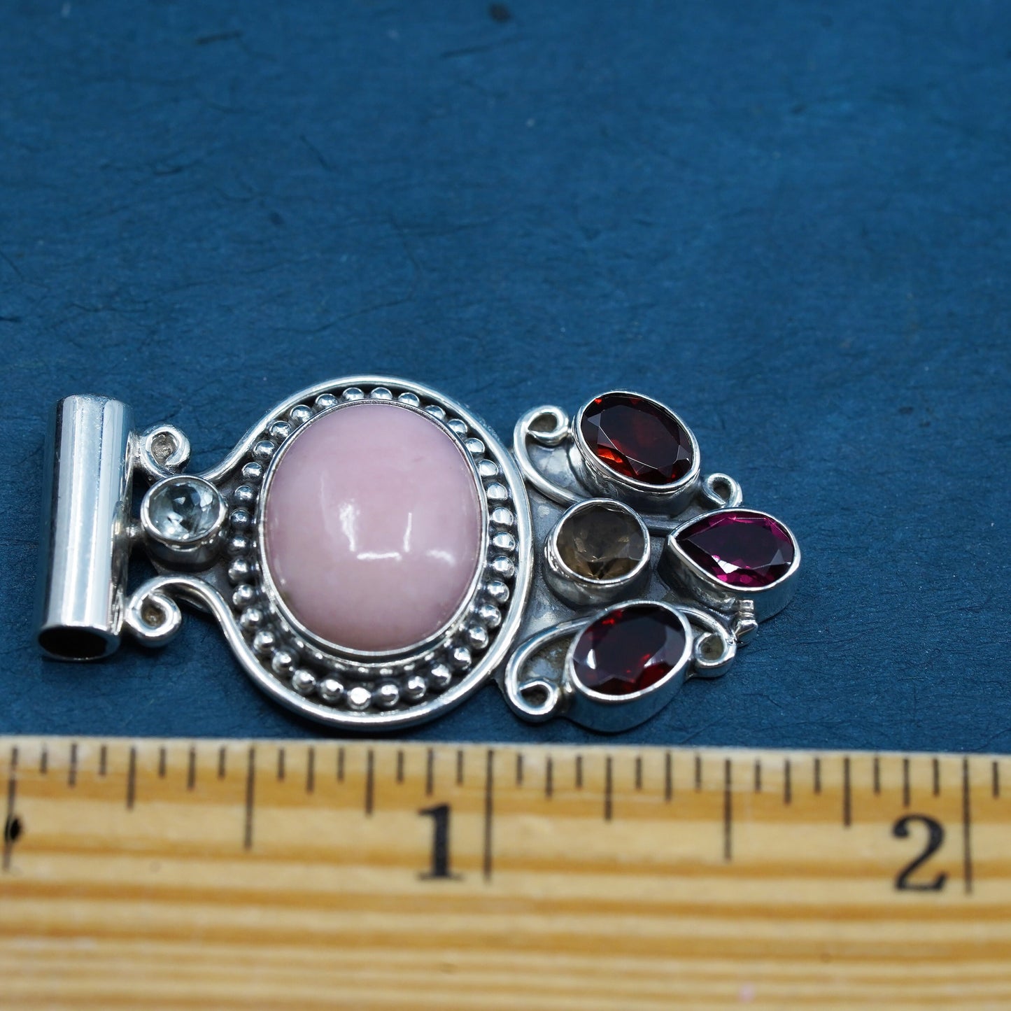 Vintage Sterling silver 925 handmade pendant, oval agate with ruby and beads