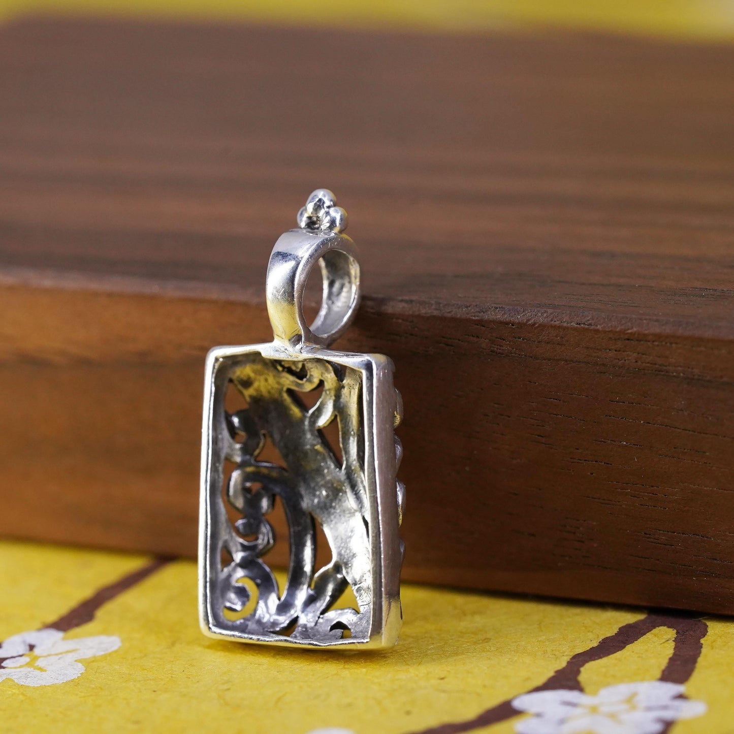 Vintage Sterling 925 silver handmade pendant, filigree rectangular pendant