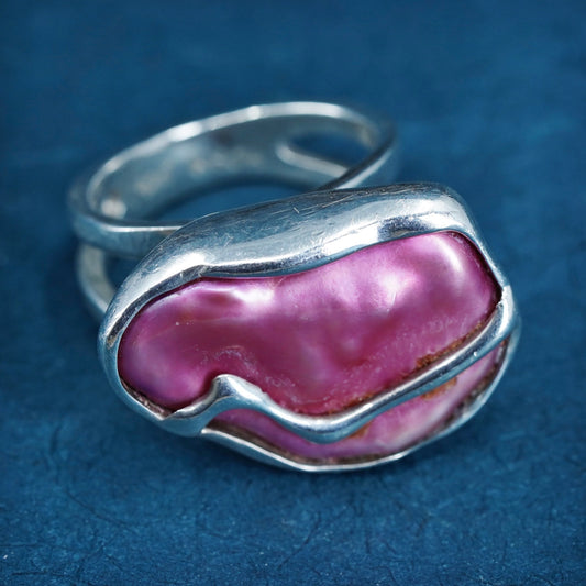 Size 6.5, textured Sterling 925 Silver liquid formation ring with pink pearl