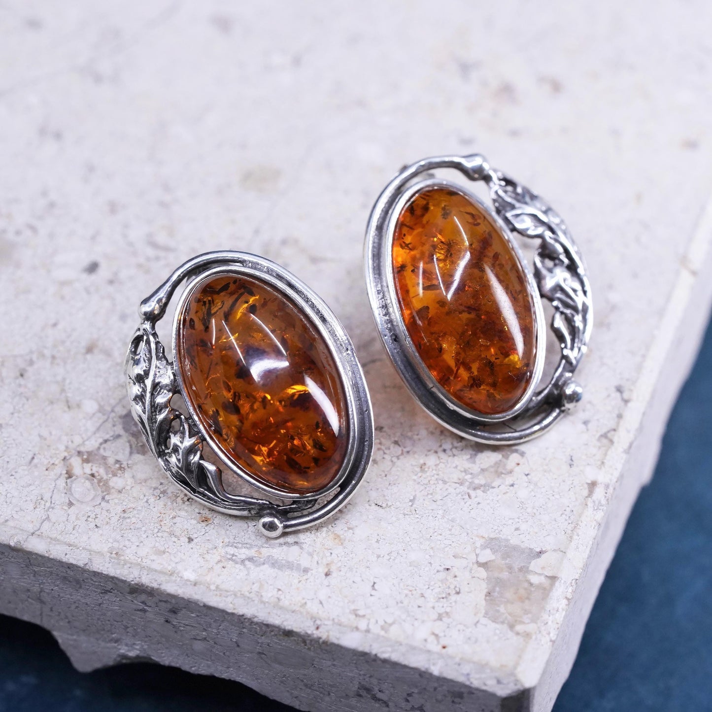 Vintage sterling silver handmade earrings, 925 oval studs with amber and leaves