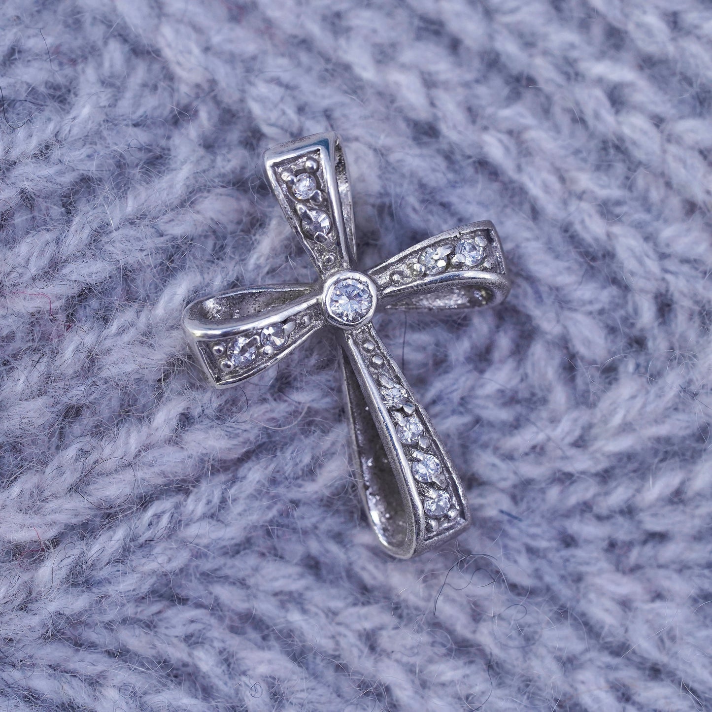 Vintage Sterling silver handmade pendant, 925 cross with cluster cz