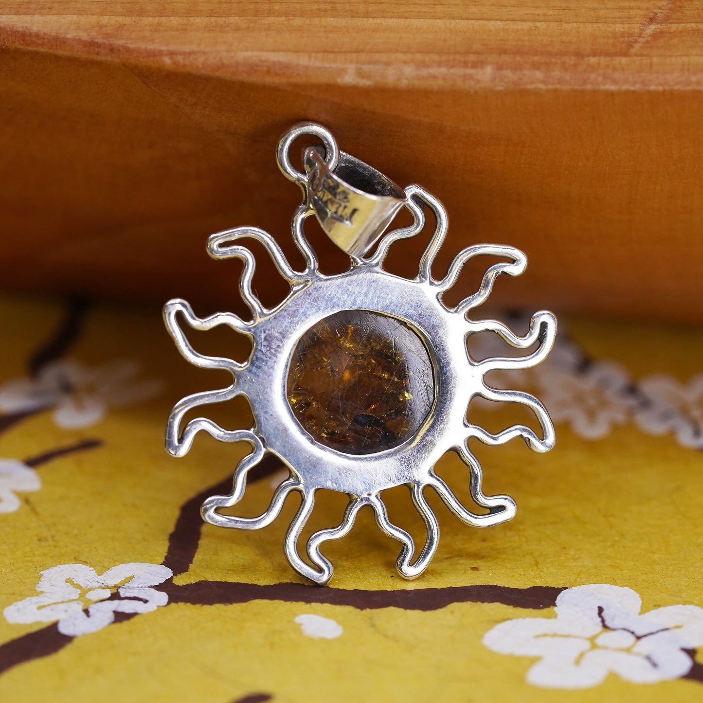 Vintage Sterling 925 silver handmade Sun pendant with Amber and moonface