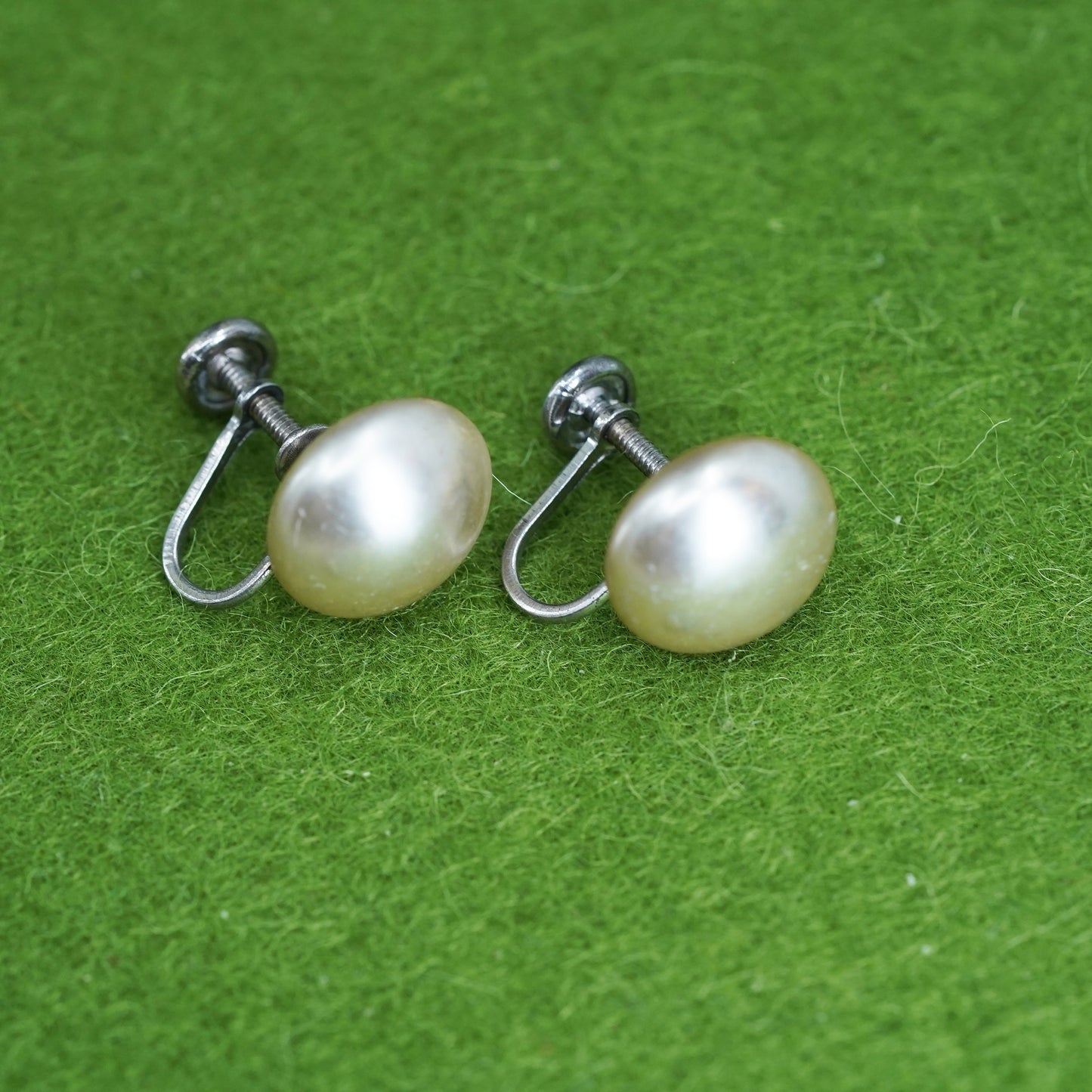 Vintage sterling 925 silver handmade earrings screw back with faux pearl