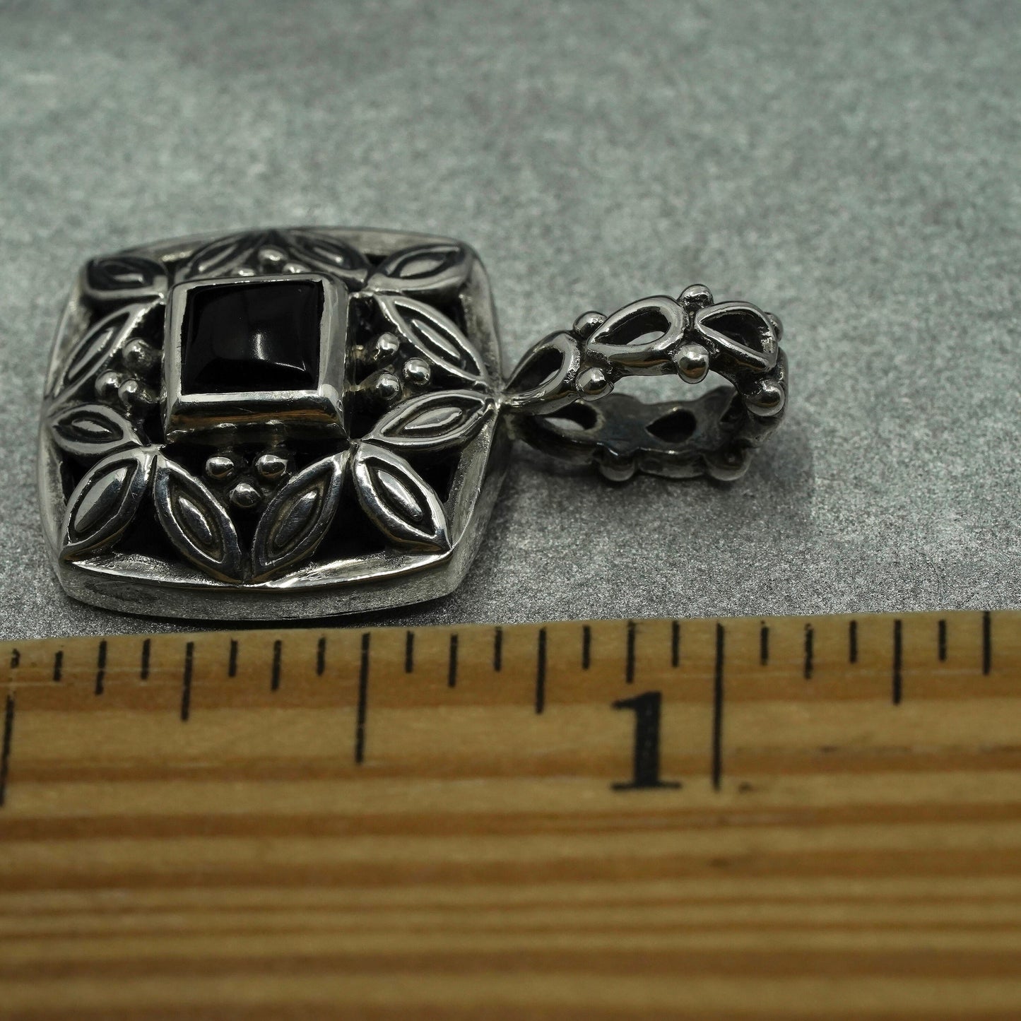 Vintage sterling 925 silver handmade rectangular pendant with onyx inlay