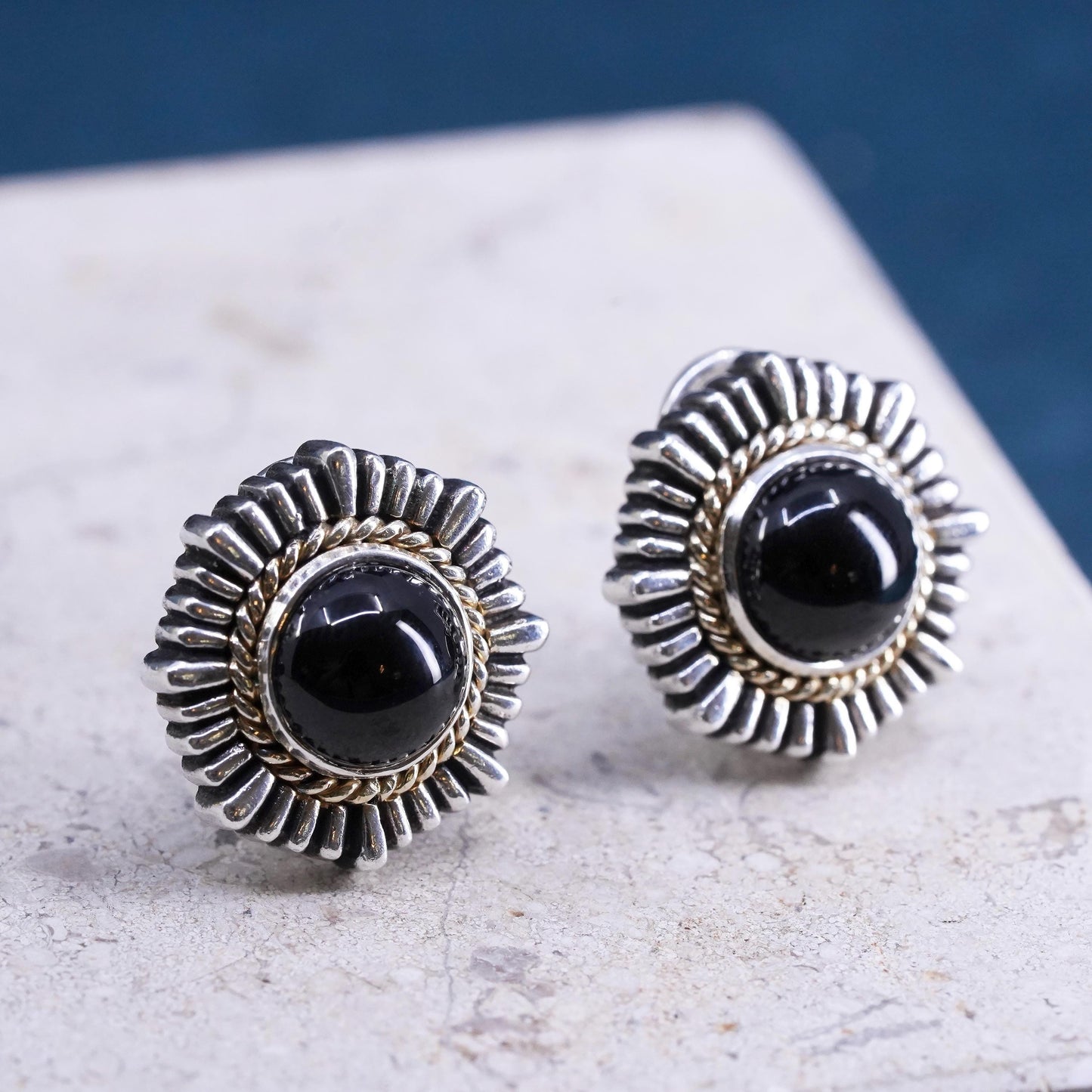 sterling silver earrings, 925 studs with onyx inlay and 14K yellow gold cable