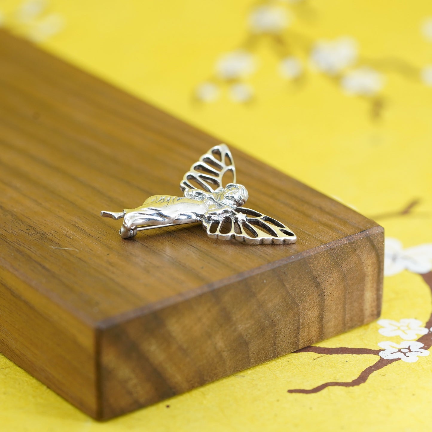 Vintage handmade sterling 925 silver angel brooch with butterfly wings