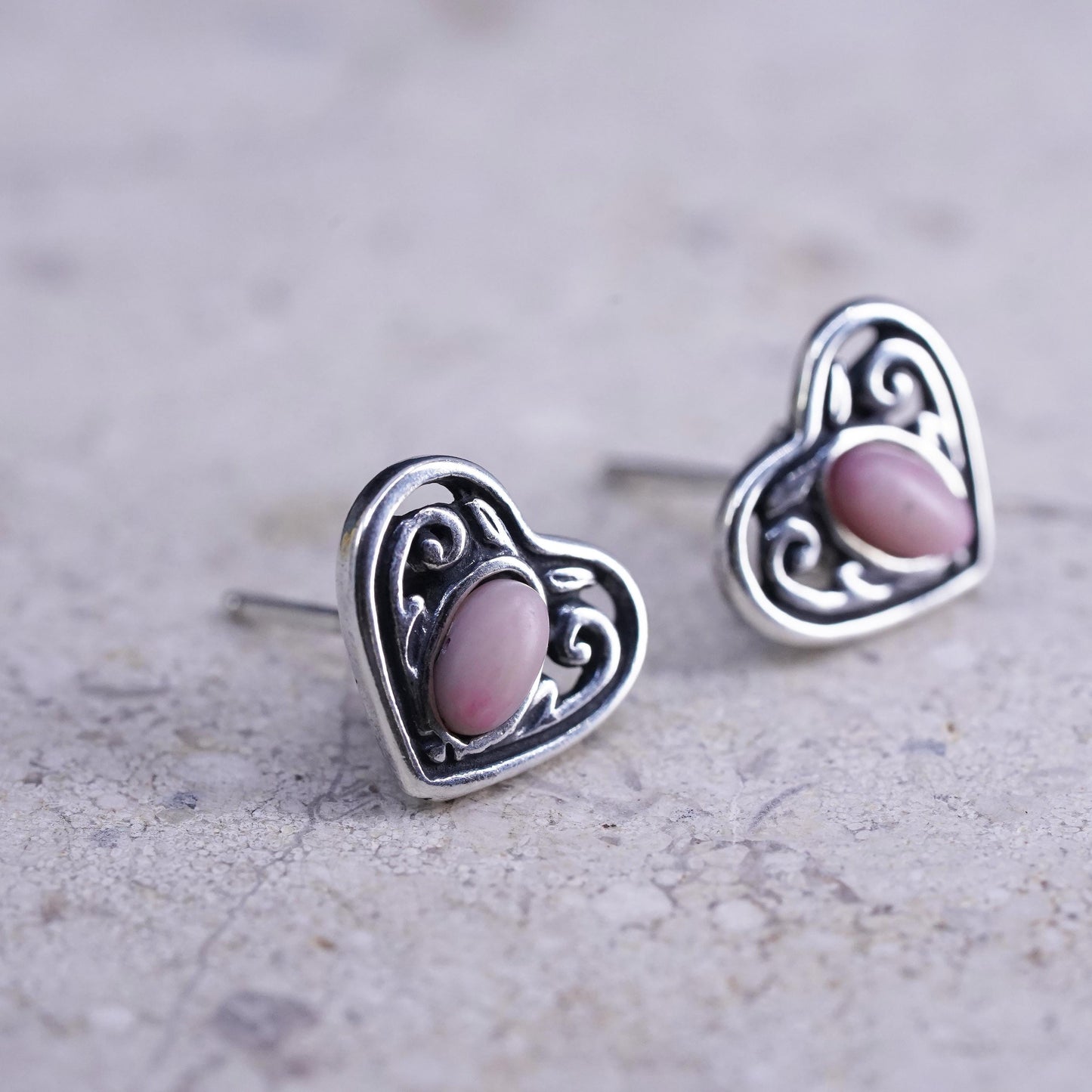 Vintage Sterling silver handmade earrings, 925 filigree heart studs pink stone