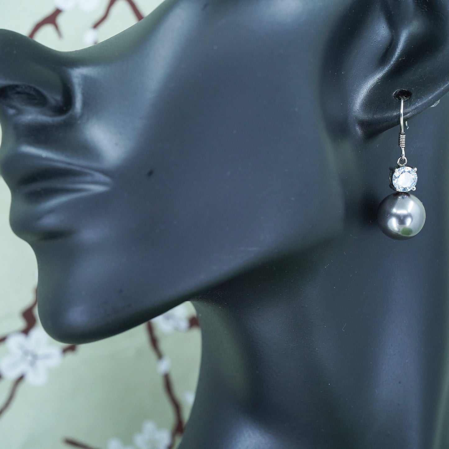 Vintage Sterling 925 silver handmade earrings with black pearl and cz