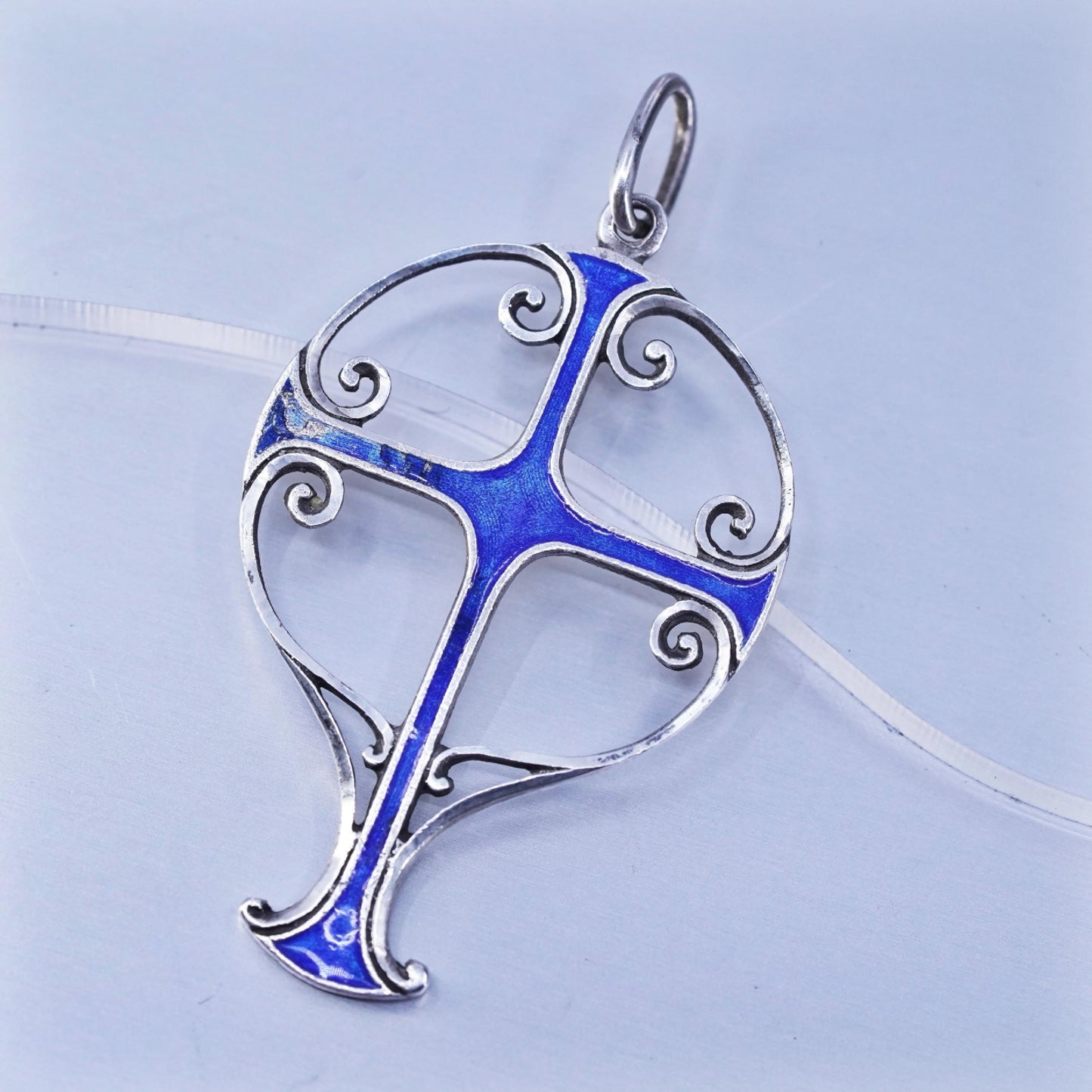 Ottaviani Jewelry, Vintage 1970s sterling 925 silver cross pendant blue enamel