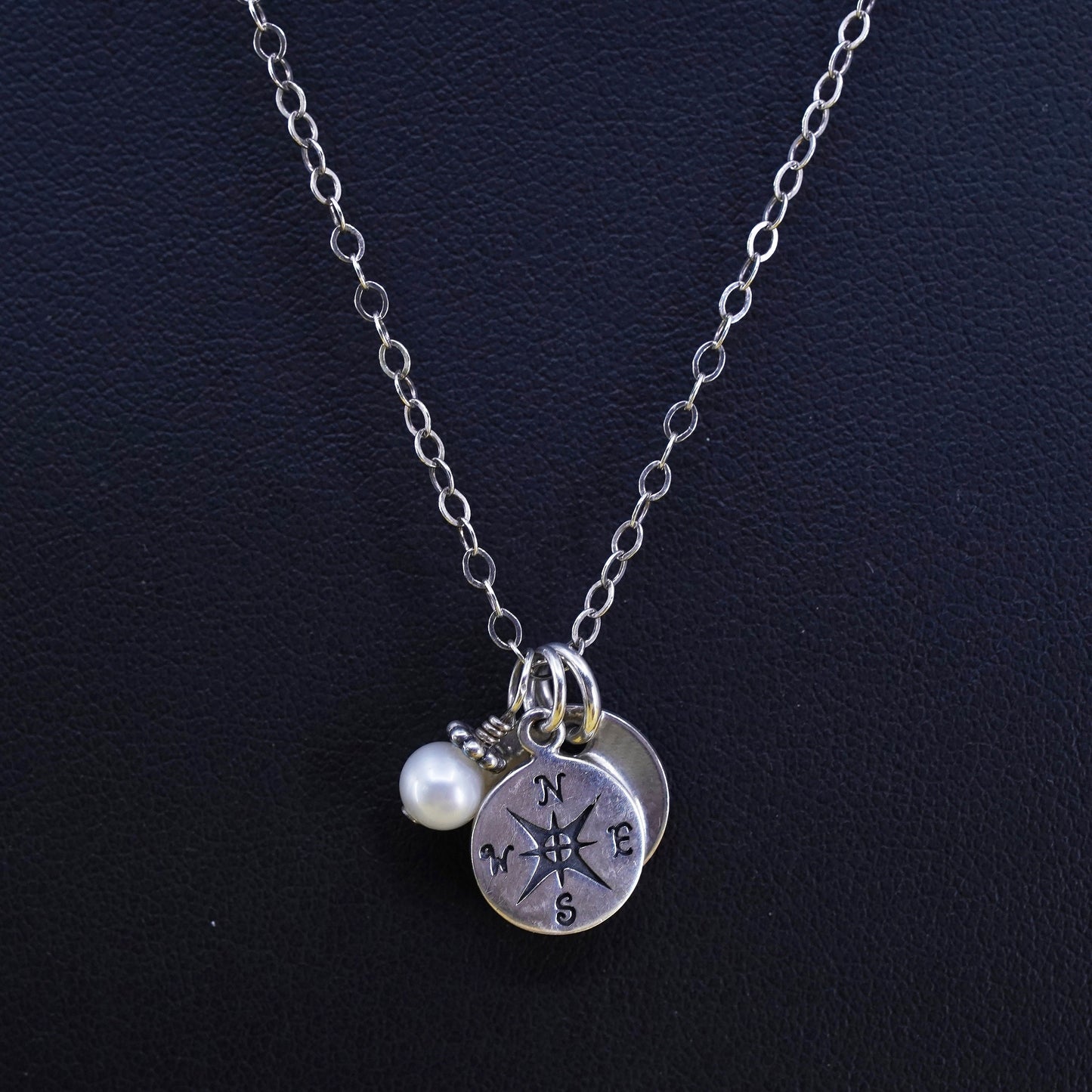 18", Sterling silver necklace, 925 flatten circle chain compass pearl pendant