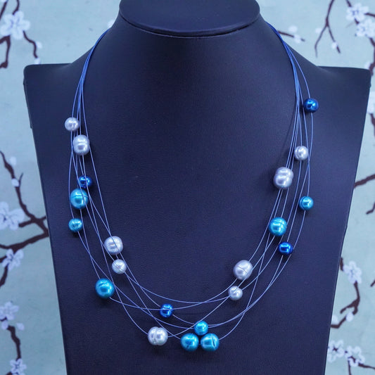 18”, Sterling 925 silver multi strands necklace with cluster blue pearl beads