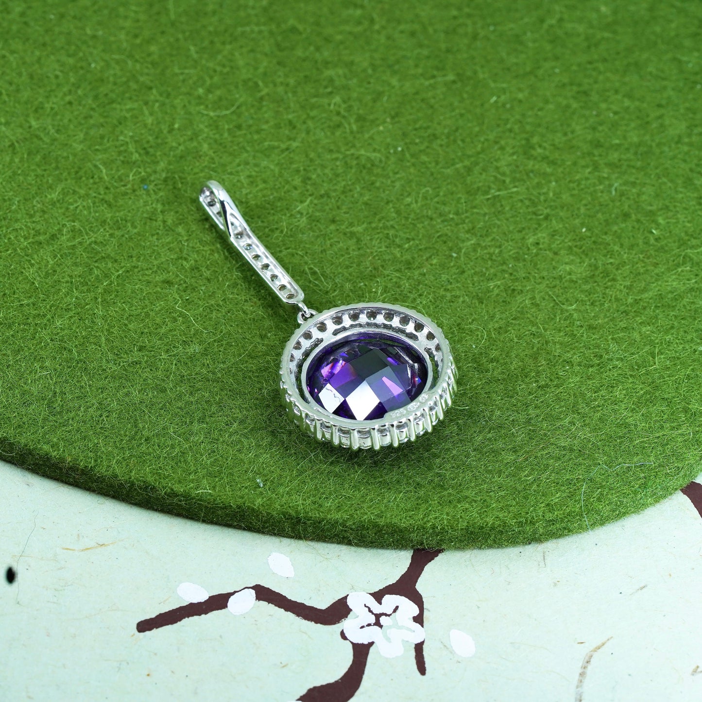 Vintage Sterling 925 silver handmade pendant with amethyst and cz around