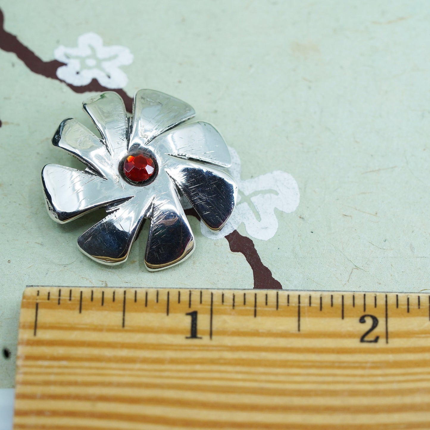 Vintage sterling silver handmade flower brooch, 925 pin with red cz