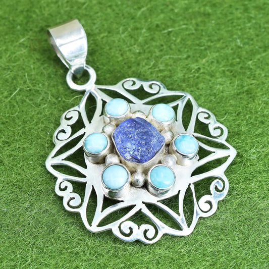 sterling silver handmade snowflake pendant, with blue druzy stone and Larimar