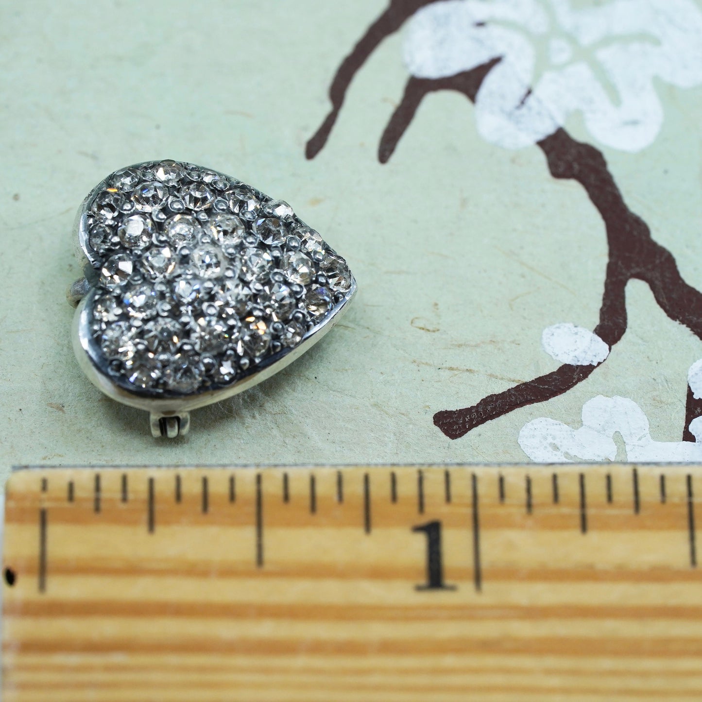 Vintage sterling silver handmade brooch, 925 heart with cluster cz