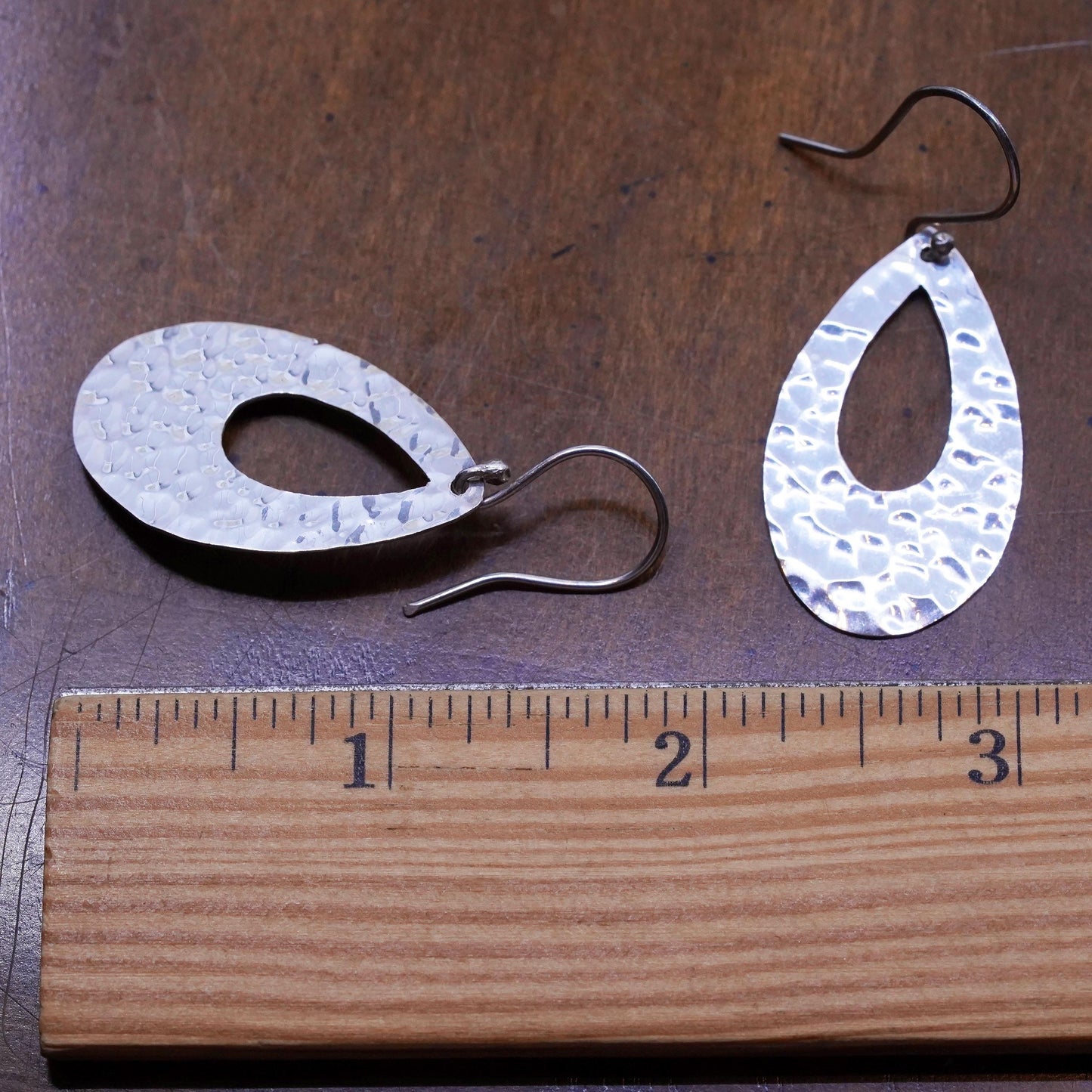 Vintage sterling silver handmade earrings, 925 teardrop with hammered texture