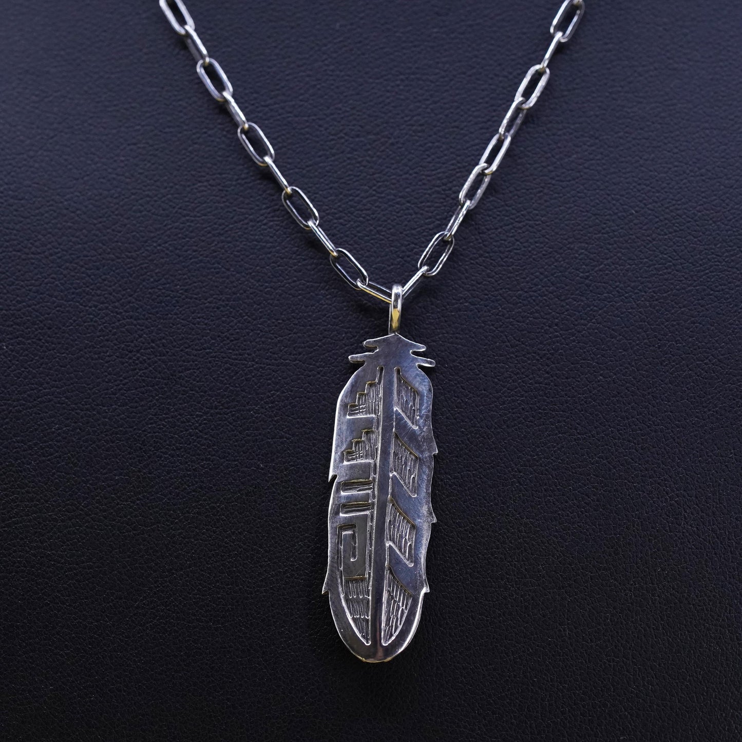 Native American Sterling Silver elongated chain necklace, 925 feather pendant