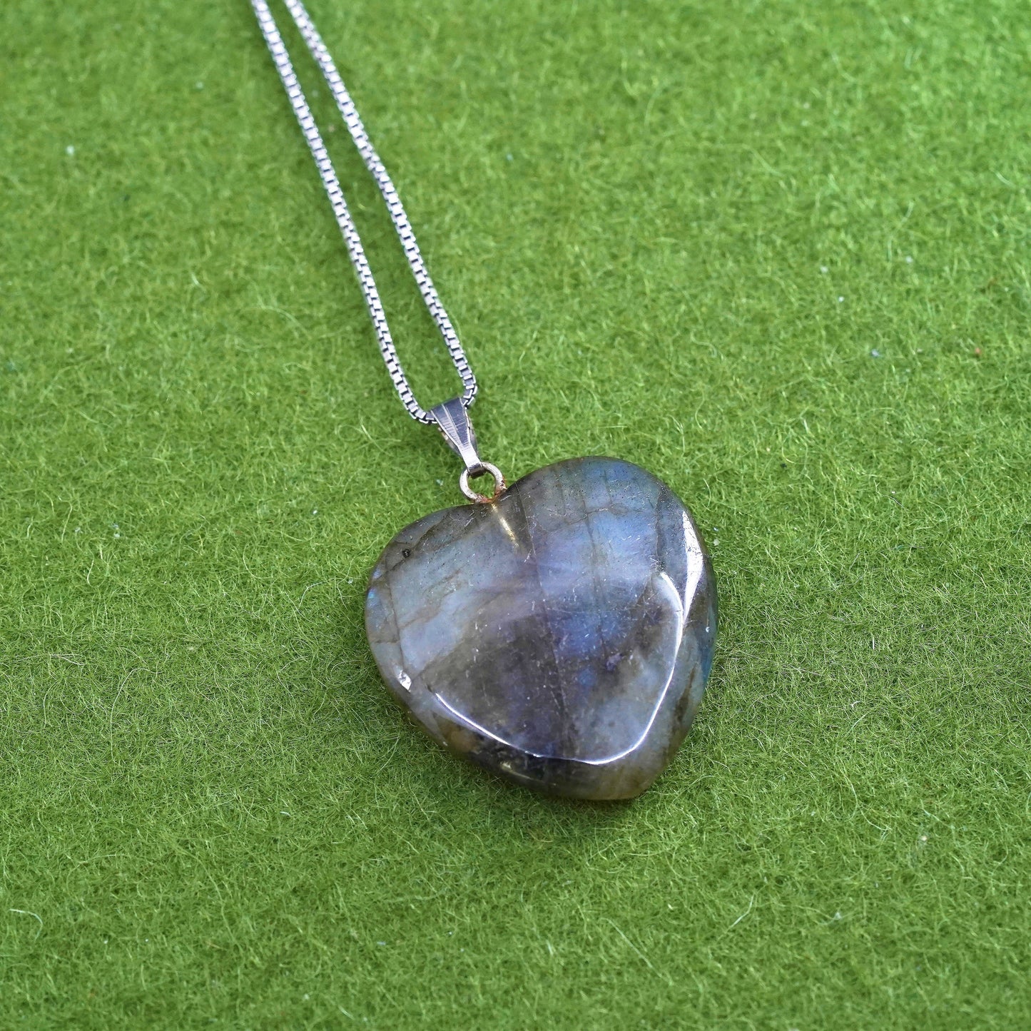 18", sterling silver handmade necklace, 925 box chain labradorite heart Pendant