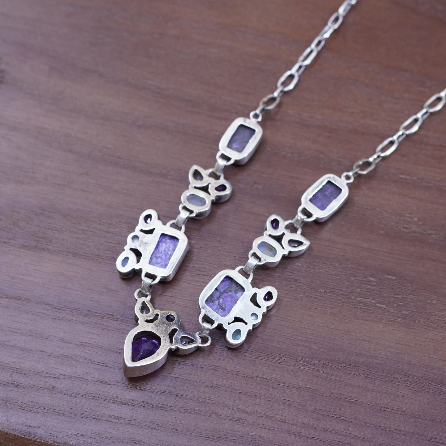 16+2”, sterling silver 925 handmade necklace charoite moonstone pearl pendant