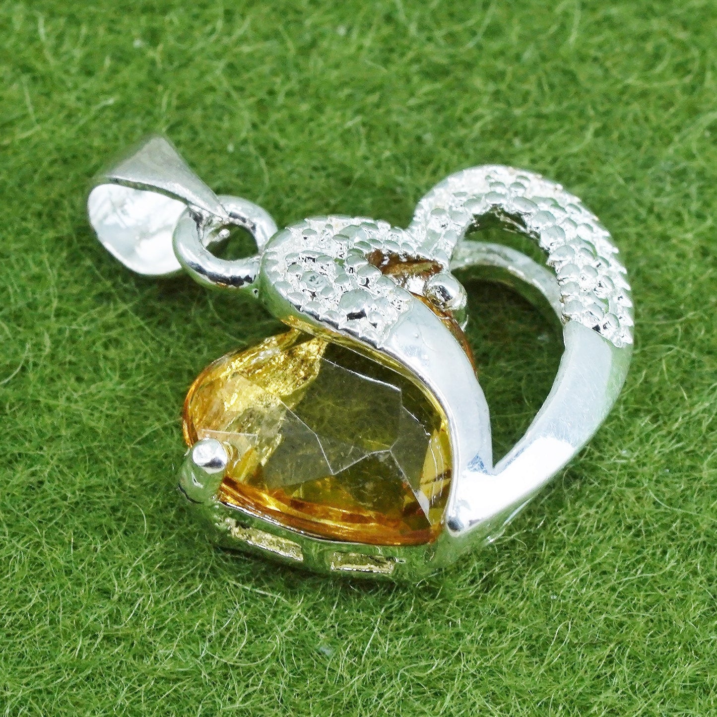 vintage Sterling silver Pendant, 925 double heart with citrine and real diamond