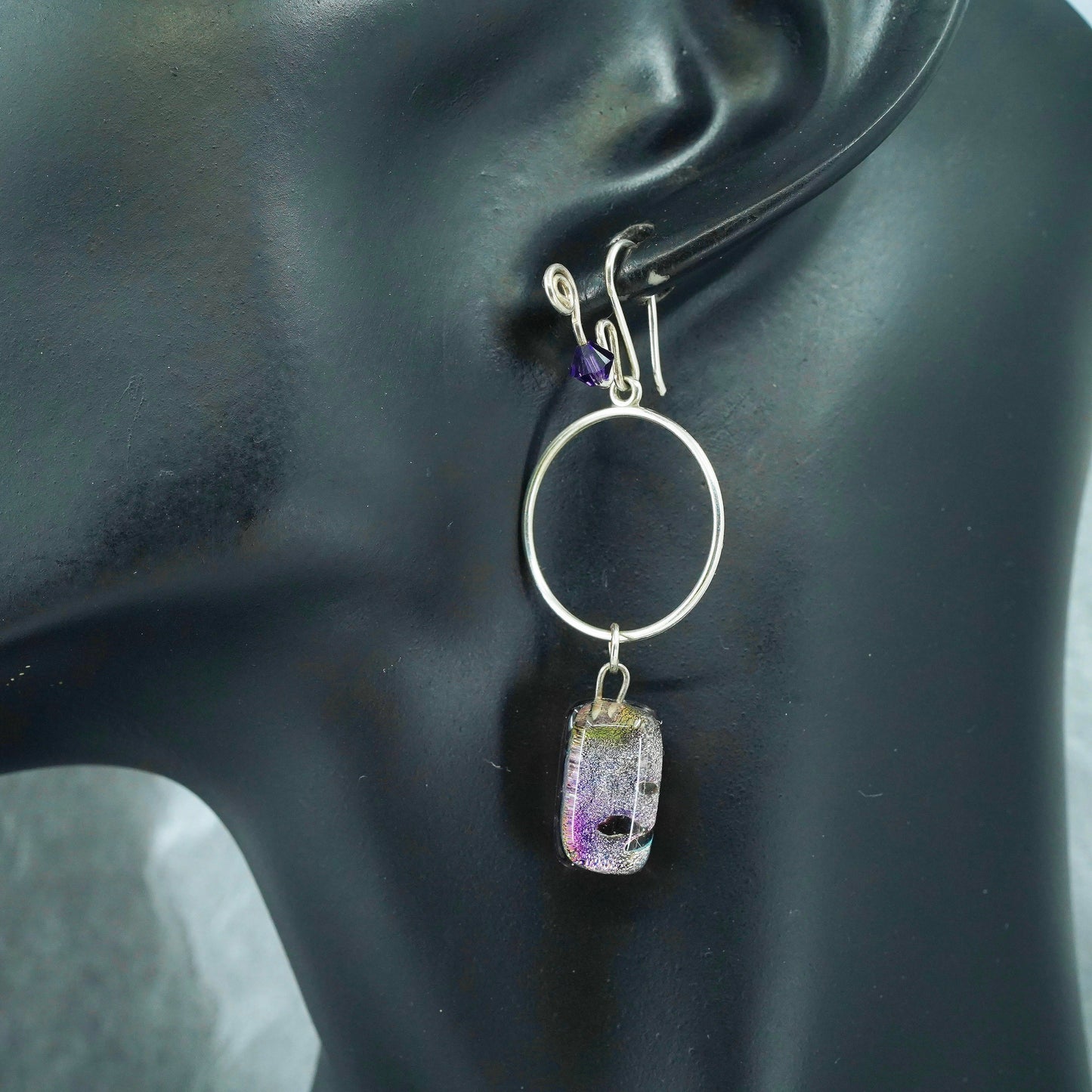 Vintage Sterling 925 silver earrings with artisan glass and purple beads