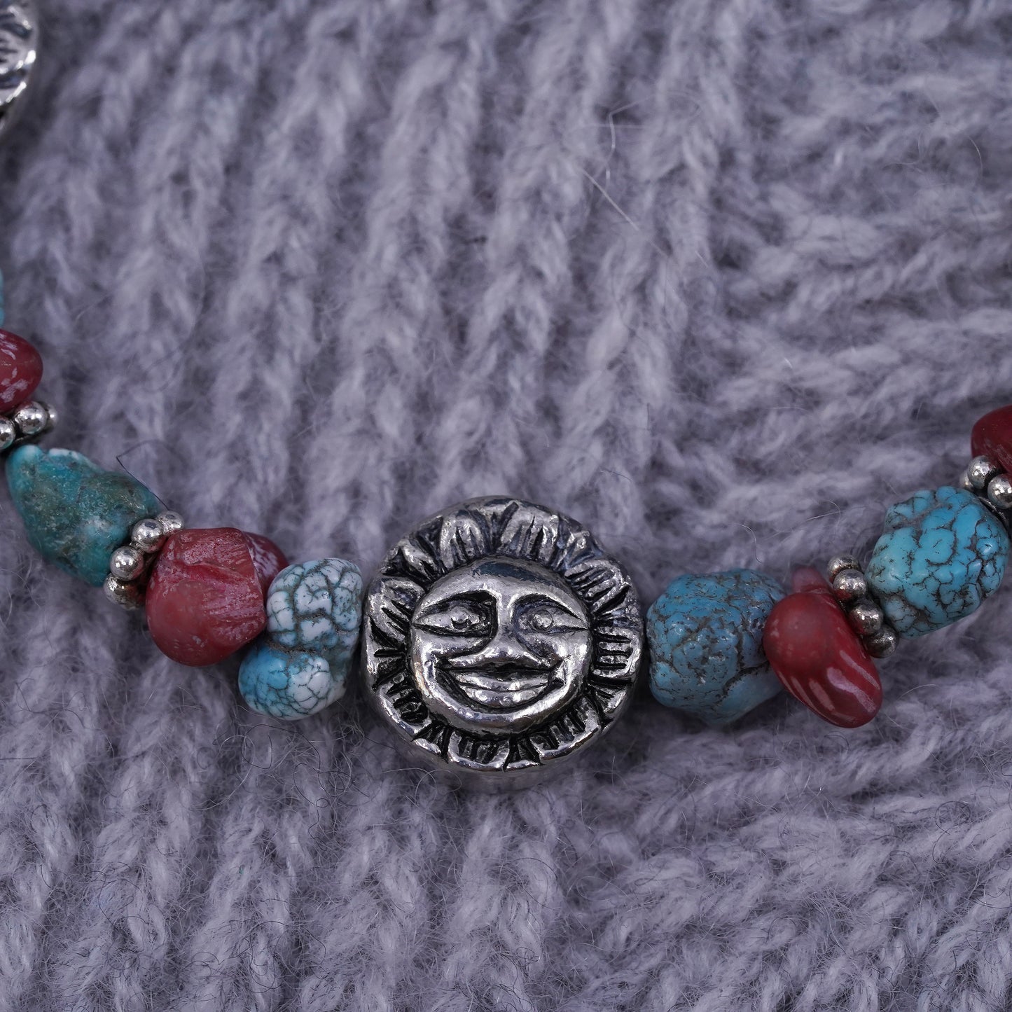 7.5”, sterling silver bracelet, Native American turquoise coral sunface beads