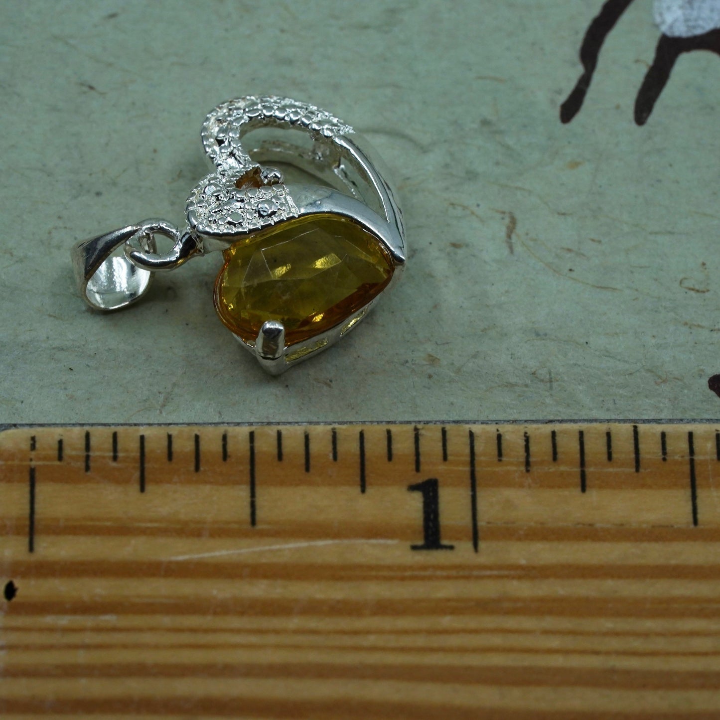 vintage Sterling silver Pendant, 925 double heart with citrine and real diamond