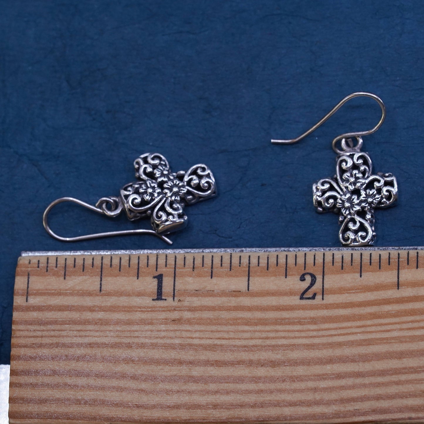 Vintage Sterling silver handmade earrings, 925 Bali filigree cross drops