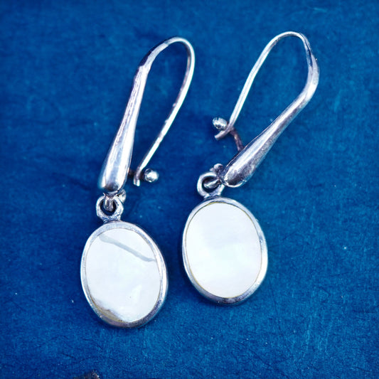 sterling silver handmade earrings, 925 oval drops with mother of pearl inlay