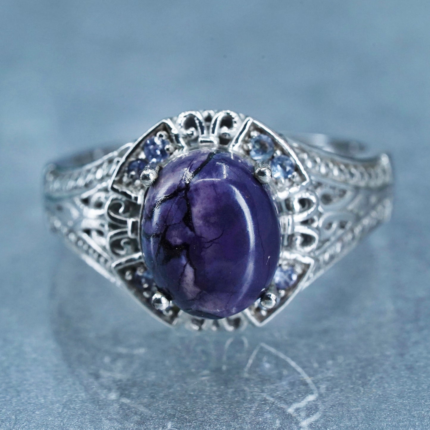 Size 10, Sterling 925 silver handmade ring with opalizted fluorite and amethyst
