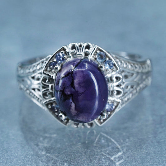 Size 10, Sterling 925 silver handmade ring with opalizted fluorite and amethyst