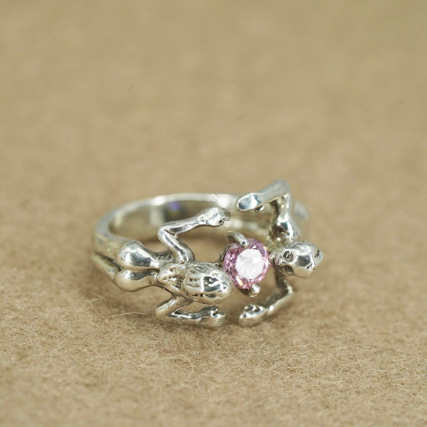 Size 6, Native American Sterling silver ring, 925 band lovers kiss pink cz