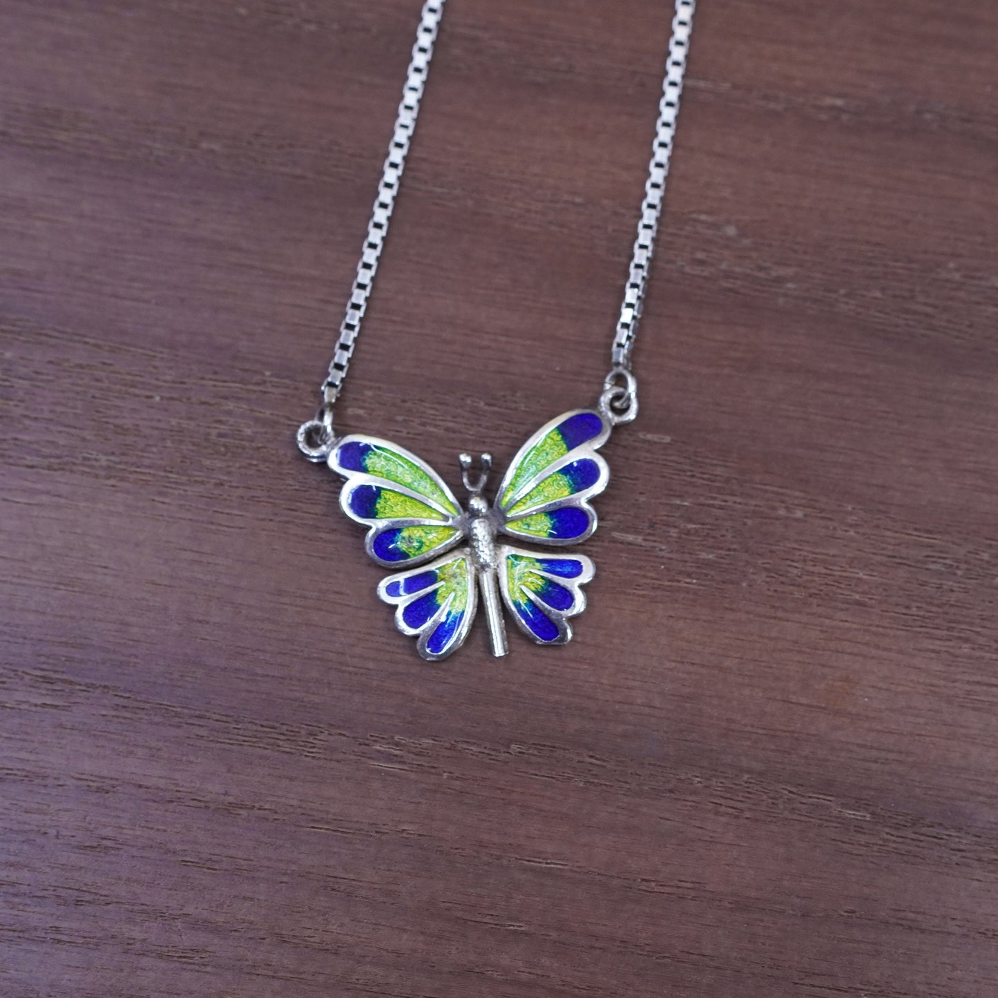 16”, sterling silver handmade necklace, 925 box chain with enamel butterfly