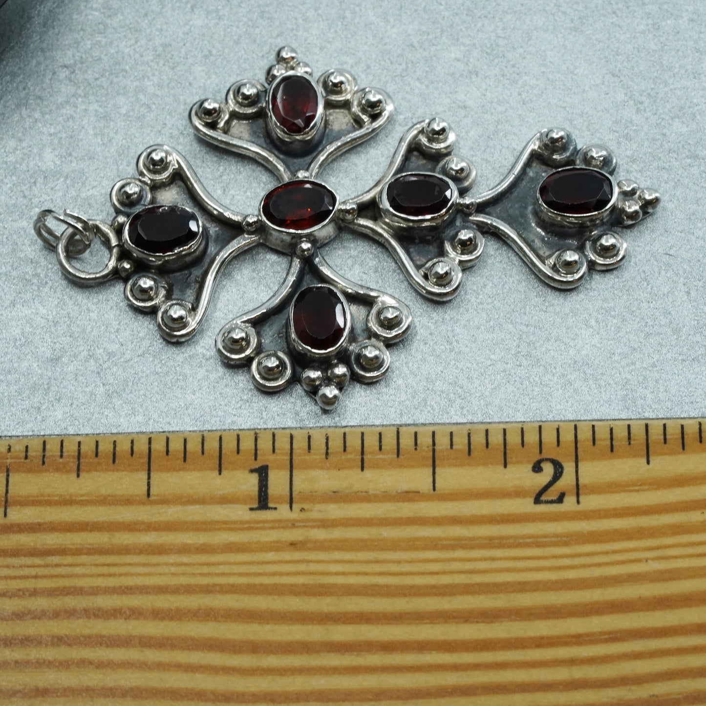 Vintage sterling 925 silver cross pendant with ruby and beads