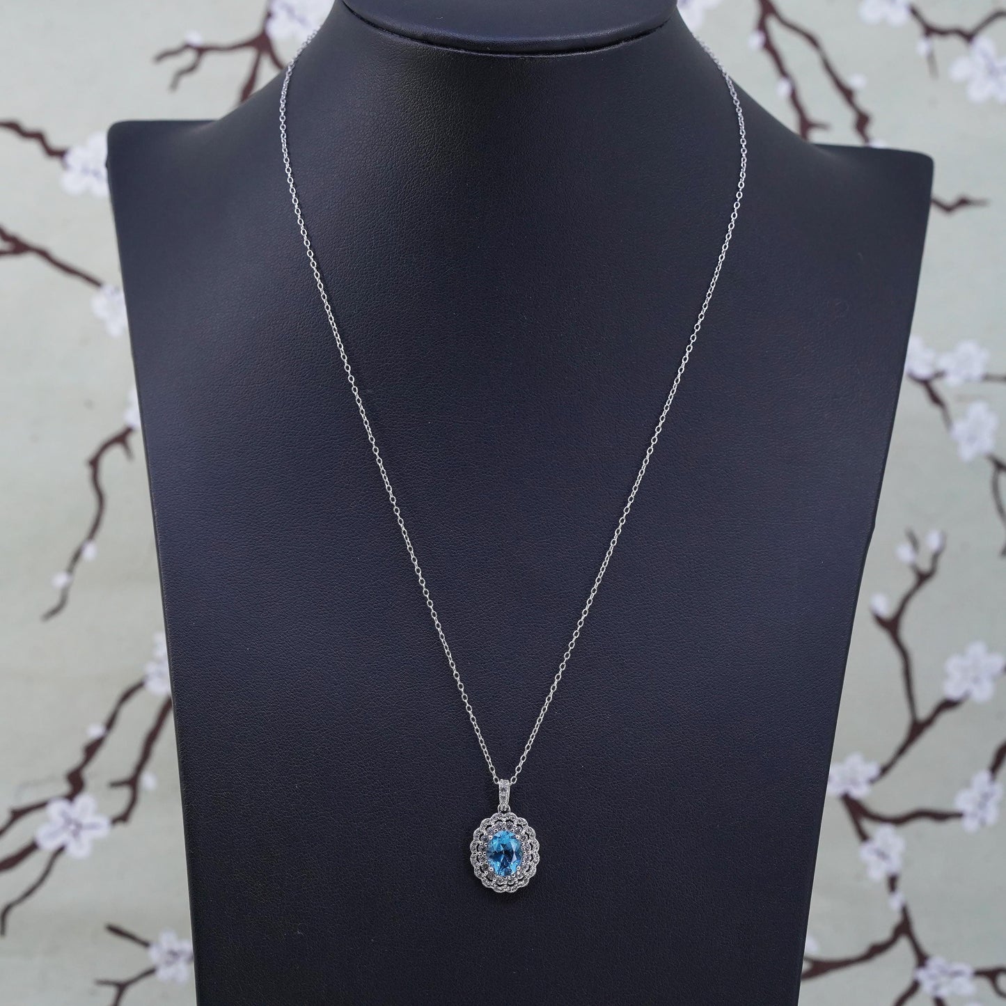 18”, Sterling silver handmade necklace, 925 circle chain w/ blue topaz pendant