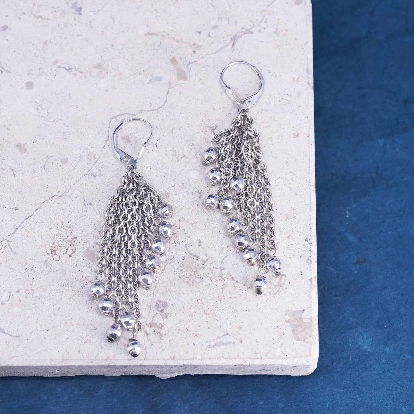 Vintage sterling silver handmade earrings, 925 fringe drops with beads