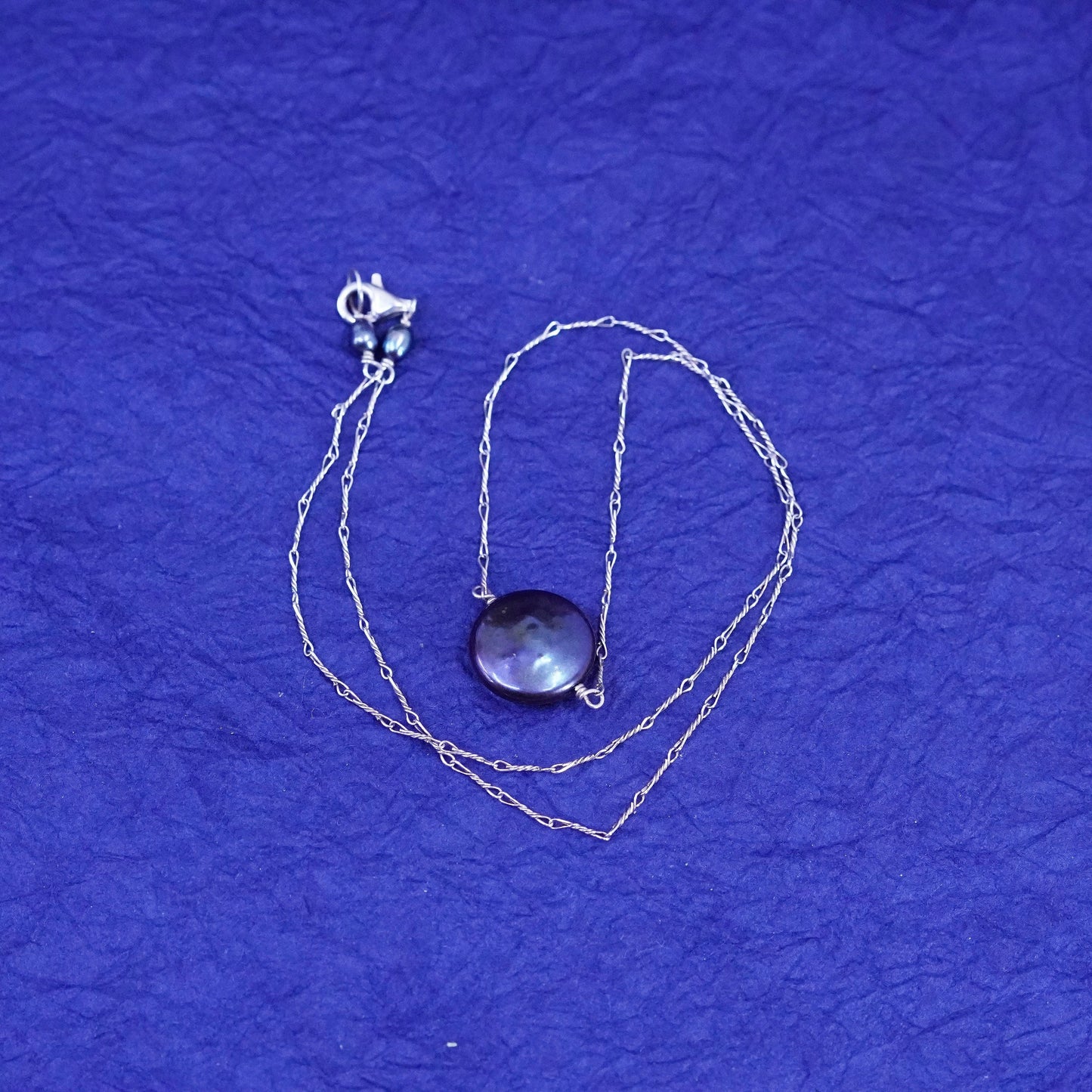 17”, Sterling silver necklace, 925 circle chain with coin black pearl pendant