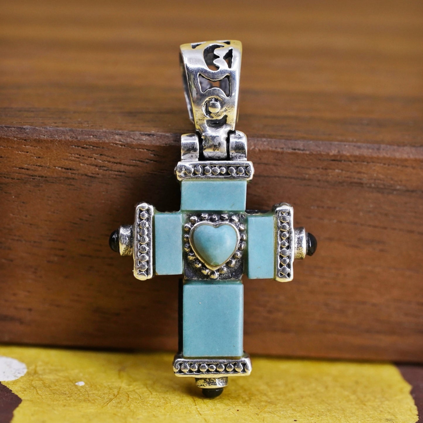 Sterling 925 silver double sided cross pendant, southwestern w/ turquoise onyx