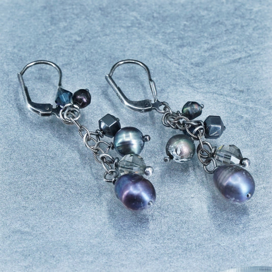 Vintage Sterling 925 silver handmade earrings with black pearl