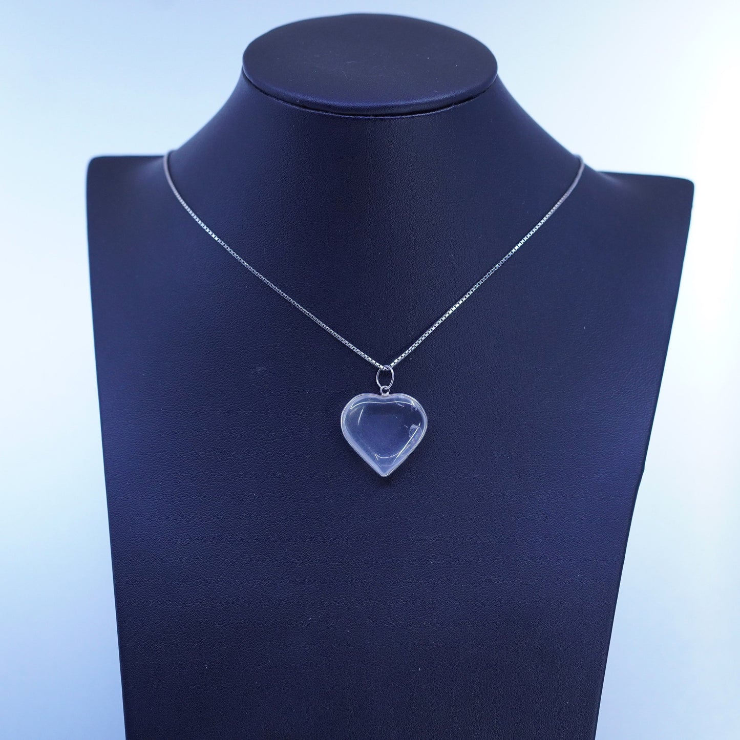 18”, Sterling 925 silver handmade box chain necklace clear glass heart pendant