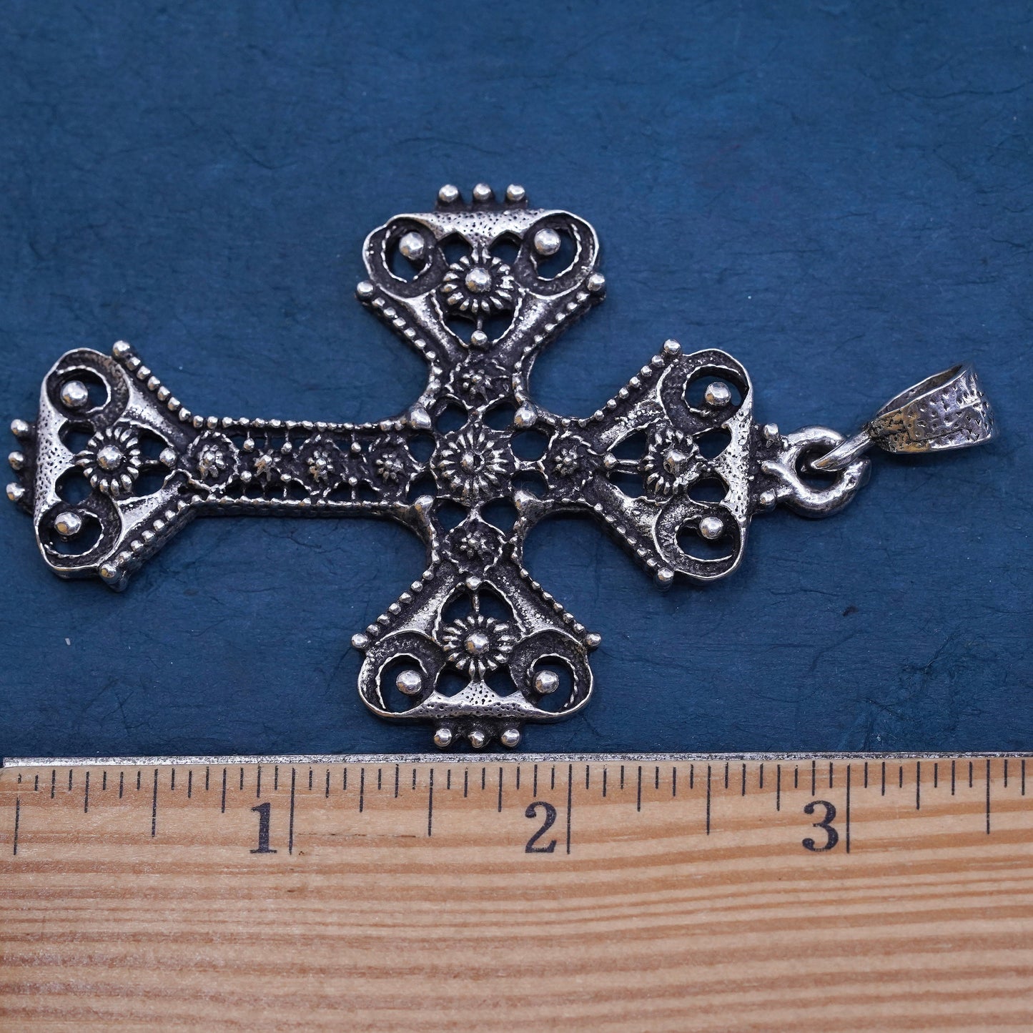 Mexican Sterling silver handmade pendant, huge 925 bead textured cross charm