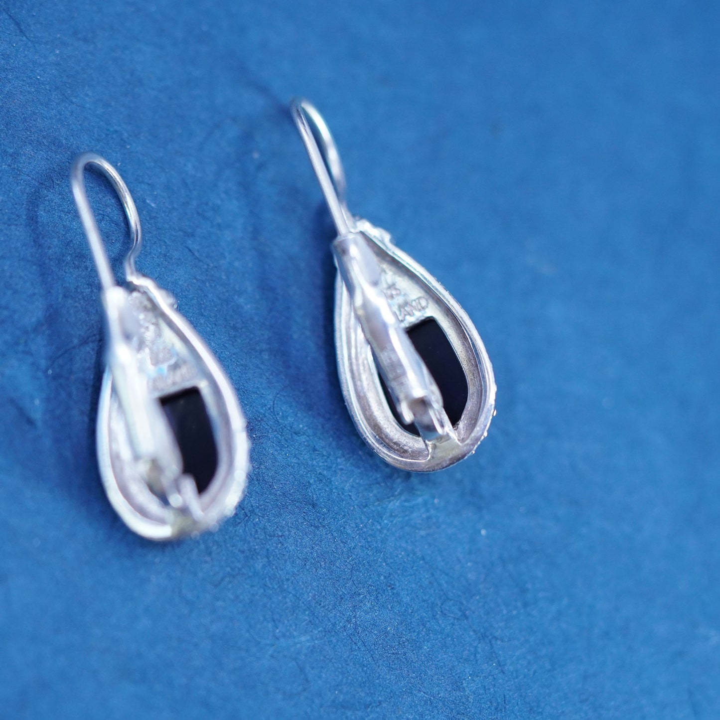 vtg sterling 925 silver handmade teardrop earrings with obsidian and marcasite