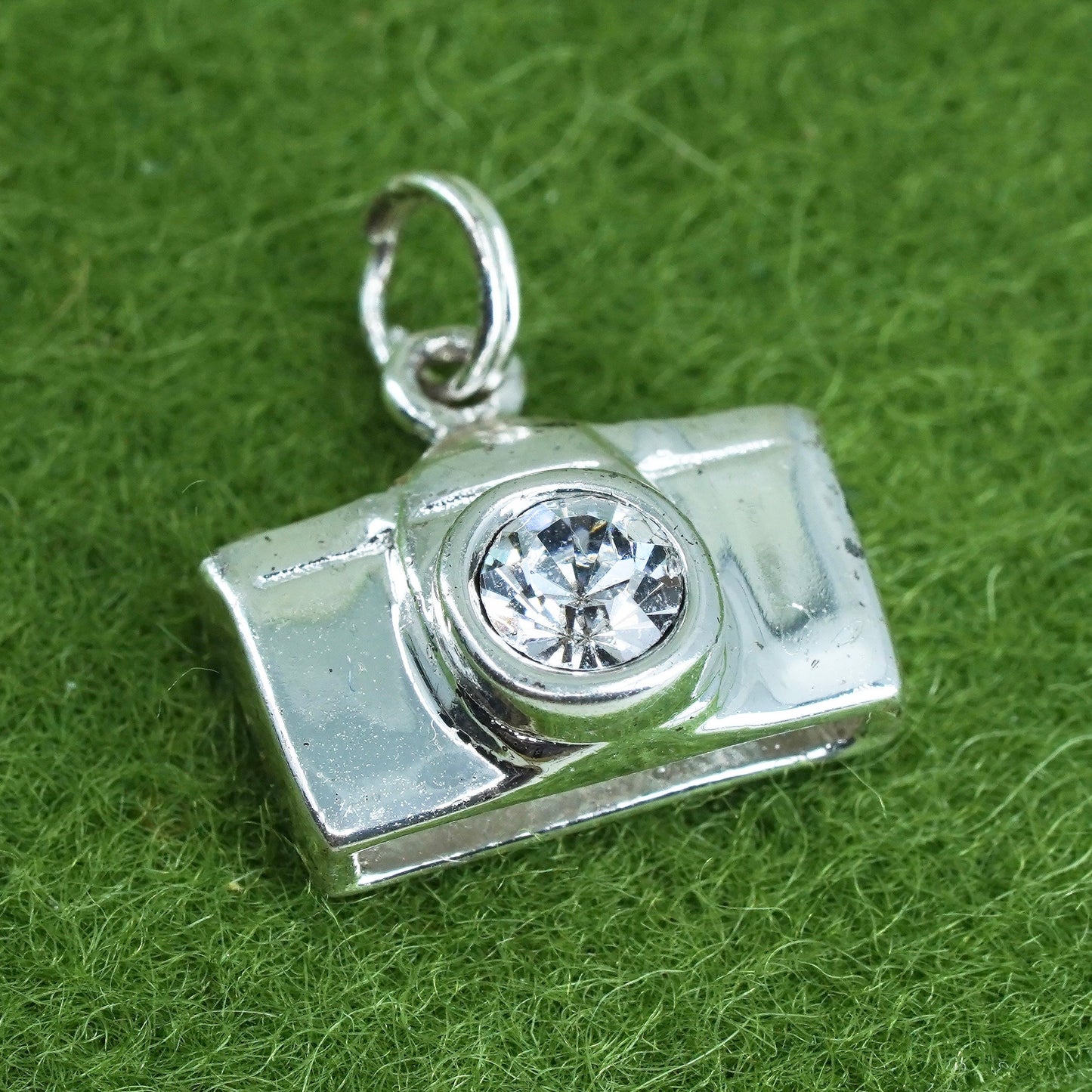 Vintage sterling silver handmade pendant, 925 old fashion camera charm with cz