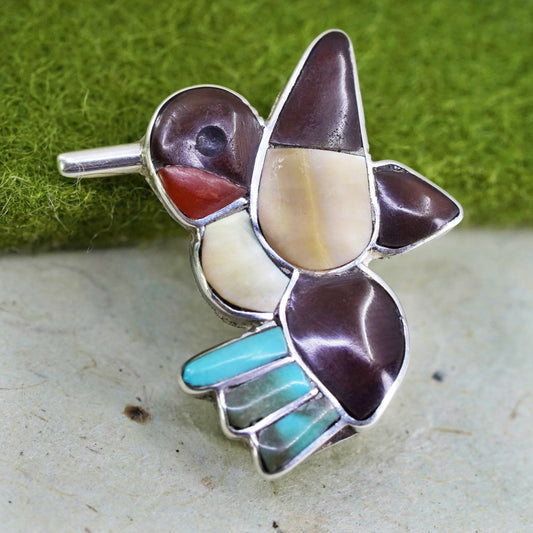 Native American Sterling silver pendant, Mexican 925 hummingbird brooch abalone